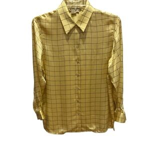 Patrick Christopher 100% silk button up long sleeve shirt yellow plaid sz S